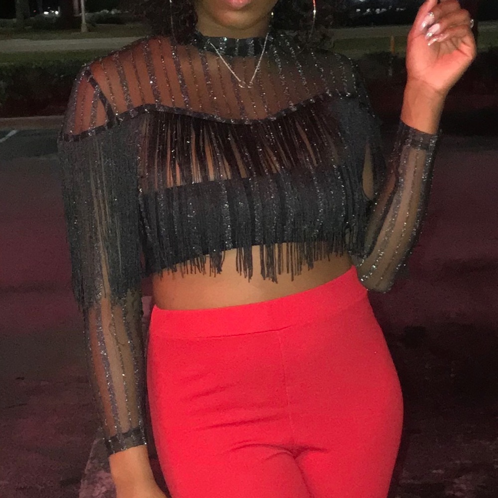 Black Sheer Metallic Stripe Tassel Crop Top